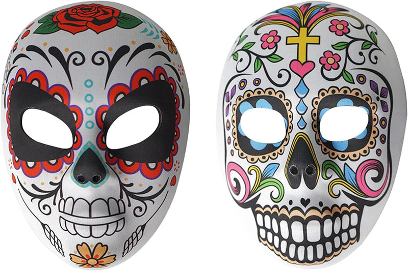 2 Pcs Day of the Dead Sugar Skull Mask Halloween Full Face Mask Women Zombie Skeleton Bone Flower Leaf Masquerade Party Mask for Birthday Festival Holiday Carnival Bar Cosplay Mexican Party Supplies