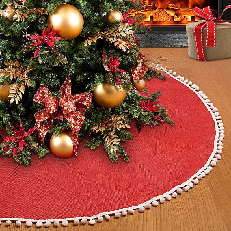 Christmas Tree Skirt, Black Christmas Tree Skirt 30 Inches Soft Double Layer Burlap Tree Skirt with Pom Pom for Rustic Christmas Halloween Decorations