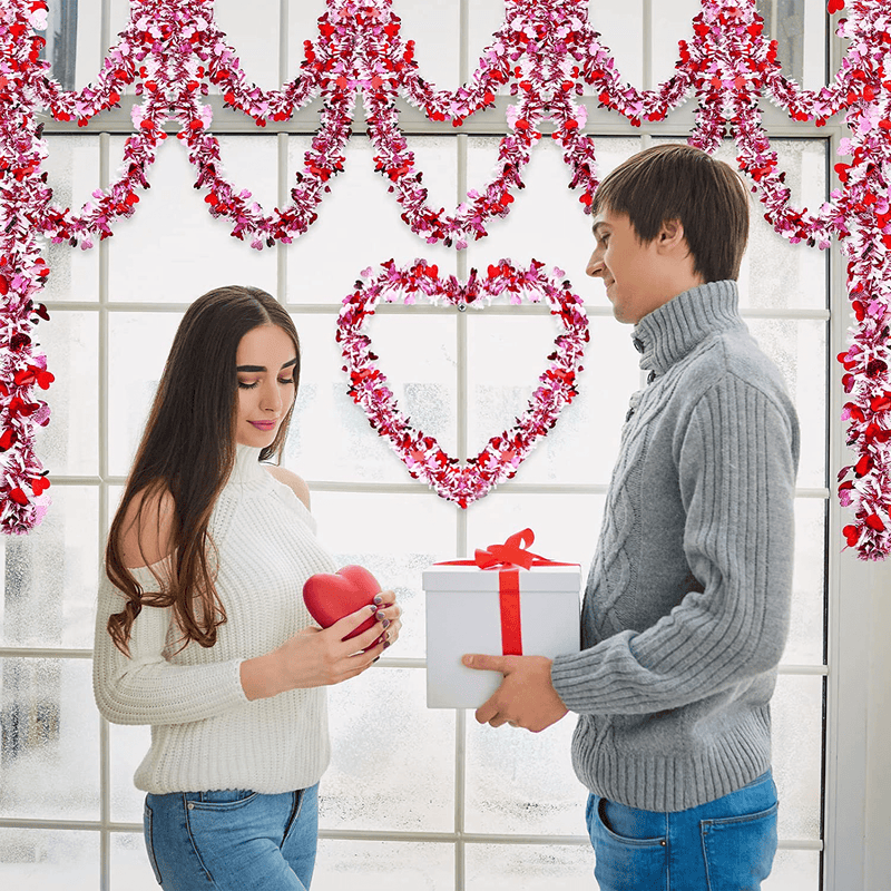 26.2 Feet Heart Tinsel Garland Valentines Metallic Tinsel Twist Garland Shiny Hanging Decoration for Valentines Christmas Tree Wreath Wedding Party Supplies (Red Pink White)