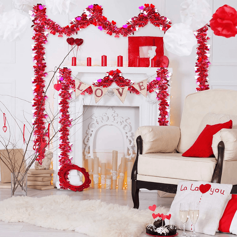 26.2 Feet Valentines Tinsel Garland Metallic Tinsel Twist Garland with Heart Ornament Valentines Tree Hanging Garland Decoration for Home Valentine'S Day Decor (Red, Pink,Cute Style)