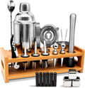 26-Piece Bartender Kit Cocktail Shaker Set | Stainless Steel Bar Set with Bamboo Stand Bar Tools Cocktail Kit for Drink Mixing,Home,Bar,Party, Gift Bartending Kit with 3 Whiskey Stones(Silver)