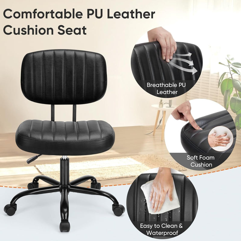 DUMOS Armless Home Office Desk Chair Ergonomic with Low Back Lumbar Support, Height Adjustable PU Leather Computer Task with 360° Swivel Rolling Wheels, for Small Space, Black