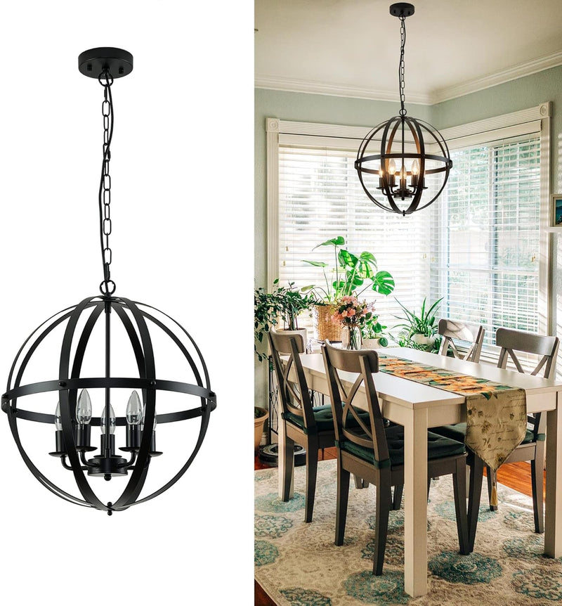 Dumaiway Industrial Pendant Hanging Light, 5-Light Farmhouse Rustic Pendant Light Adjustable Hanging Vintage Spherical Metal Shade for Dining Room, Kitchen, E12 Base Black