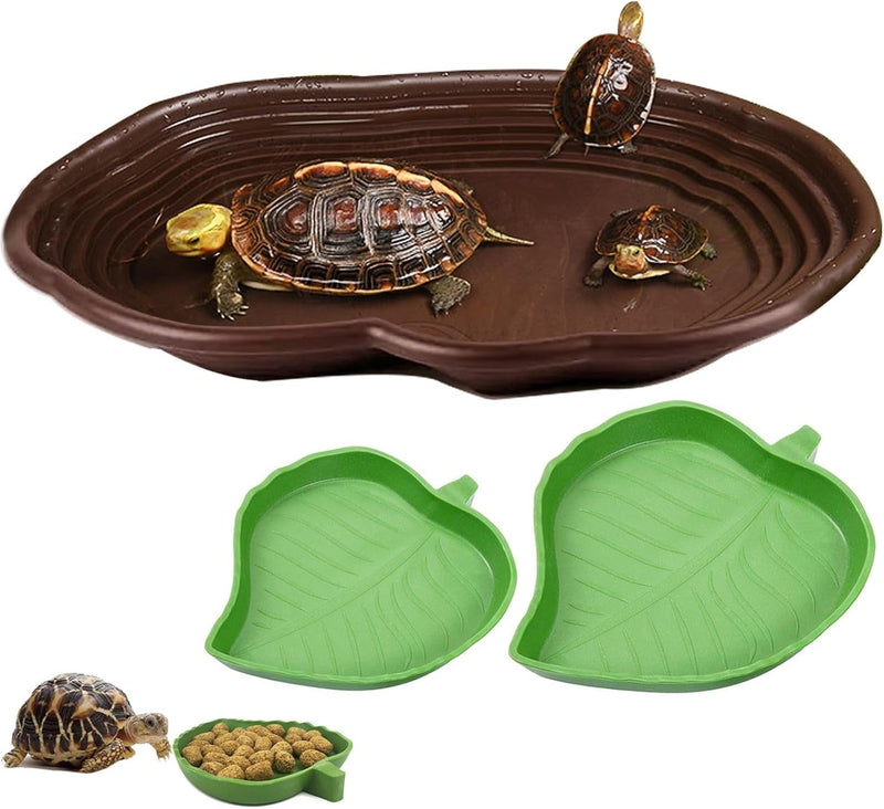 3PCS Tortoise Water Bowl with Ramp Leaf Tortoise Water Food Dish Turtle Pool Tortoise Bathing Pool Reptile Water Dish Large Soaking Dish Box Turtle Habitat Accessories