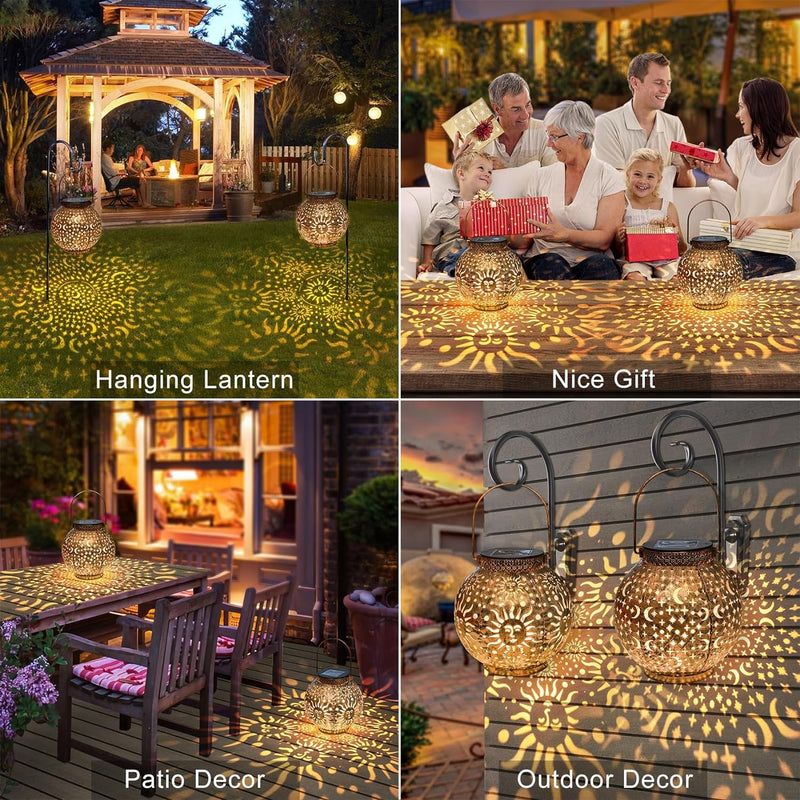 Go2Garden Solar Lanterns Outdoor Waterproof Hanging Garden Lights Metal Moon Star Sun Solar Lantern for Patio, Yard, Tabletop,Birthday, Mothers Day Gift (Bronze,2Pack)