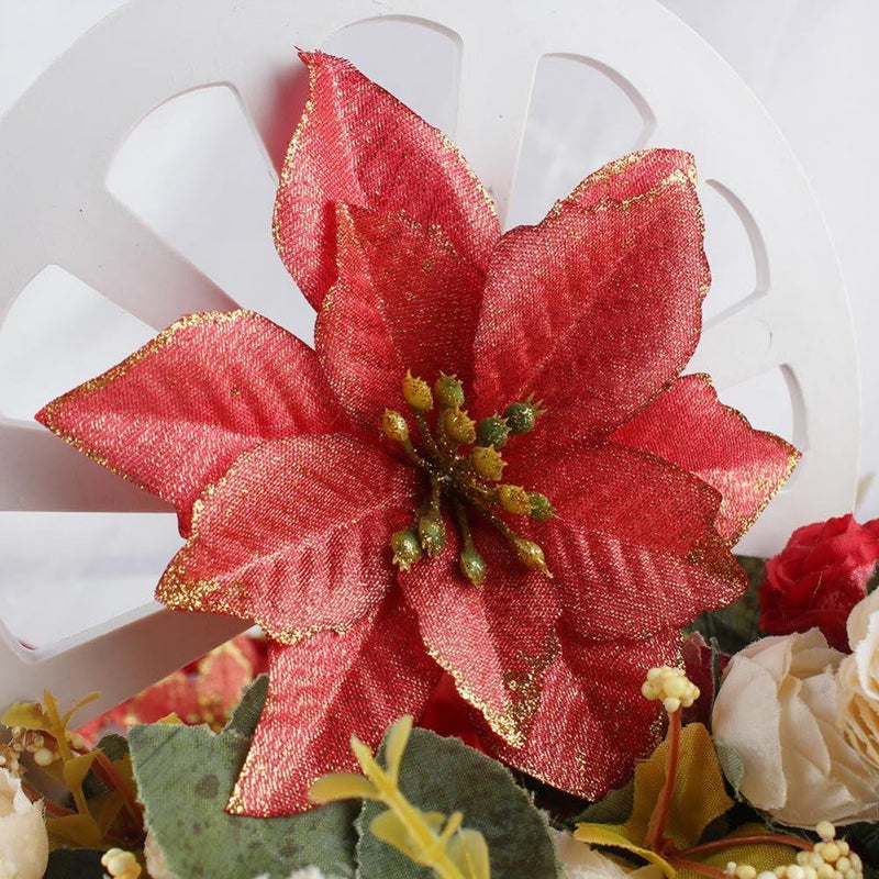 12Pcs Glitter Poinsettia Christmas Tree Ornament Artificial Wedding Christmas Flowers Xmas Tree Wreaths Decor Ornament, 5.5Inch, Red and Gold for Choice (Red)