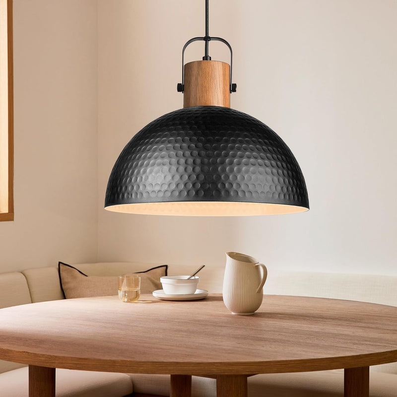 ELYONA Large Pendant Light Fixtures, 16 Inch Wood Dome Ceiling Hanging Lamp with Hammered Metal Shade, Black Modern Chandelier for Kitchen Island, Bar, Farmhouse, Dining Room, Hallway