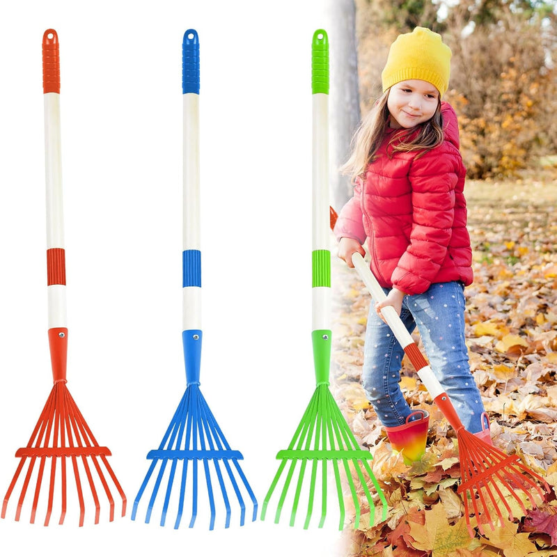 2PCS Kids Rakes for Leaves, 28" Child Size Garden Rake Childrens Lawn Rake Toddler Leaf Rake Blue Red Plastic Head Kid Yard Rakes with Detachable Hardwood Handle Great Gardening Tools for Boy Girl