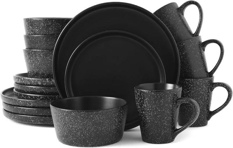 16 Piece round Kitchen Dinnerware Set,Plates and Bowls Sets,Dishes, Dinner Plates, Cereal Bowls Set，Bowls, Mugs, Dish Set，Plates and Bowls,Service for 4, Stoneware Dinnerware,Red and Black