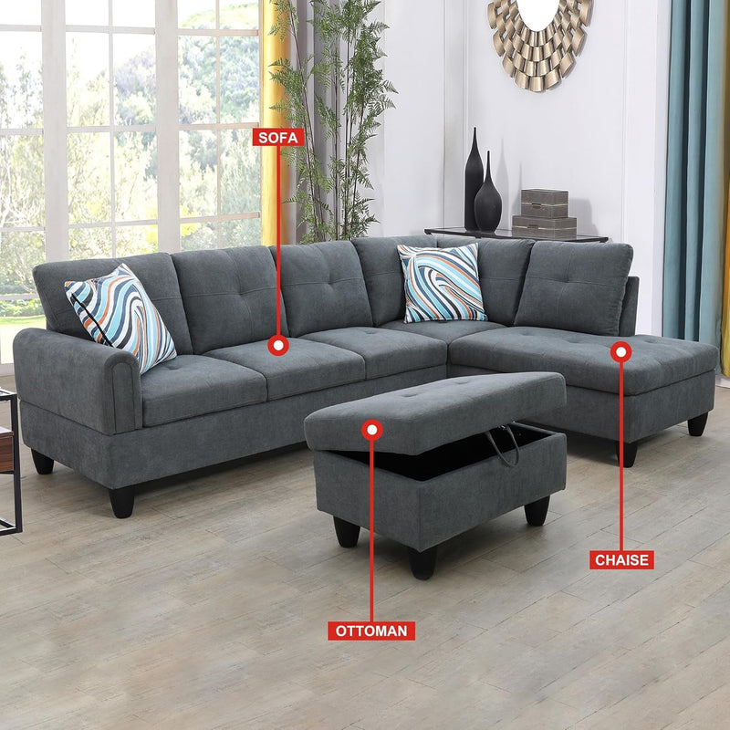3 Piece Living Room Furniture Set with L-Shaped Sectional Sofa, Right Chaise Lounge, Storage Ottoman and 2 Throw Pillows, Curved Armrests Tufted Flannel Modular Couch for Large Space Apartment