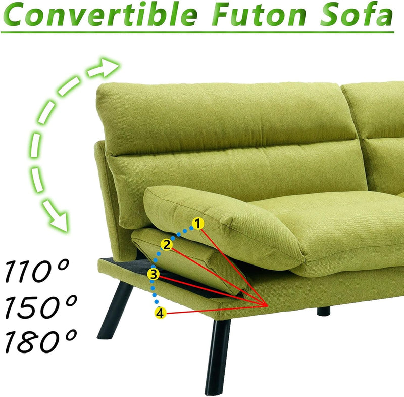 Anwick Modern Futon Couch Bed Sofa: Linen Fabric Quick Folding Armrest Space-Saving Convertible 2 Seater Loveseat for Living Room Bedroom Small Rooms Apartment (Emerald Green)