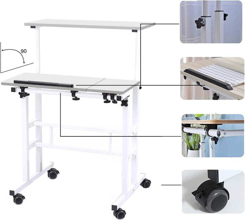 Dlandhome Adjustable Rolling Desk Standing Desk, Sit-Stand Desk Cart Mobile Computer Desk Stand up Desk Office Desk Riser Standing Table Workstation Mobile Desk, White