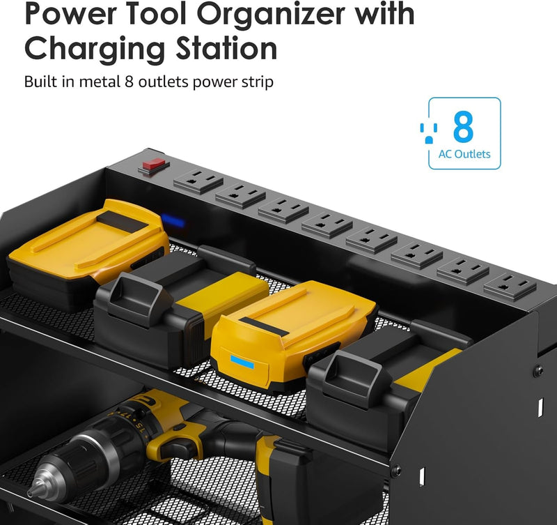 CCCEI Modular Power Tool Organizer Wall Mount Charging Station, Black 6 Drills Holder with 8 Plug Power Strip, Garage Drill Battery Heavy Duty Metal Shelf, Utility Rack with Hooks, Side Storage.