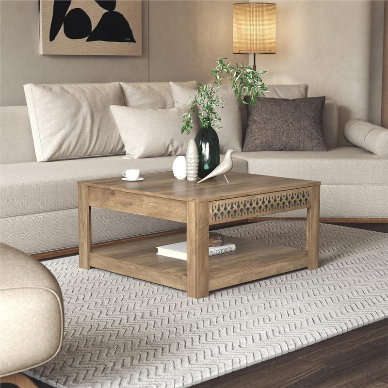 Galano Japtur Coffee Table, Modern Top Rectangular Coffee Table with Storage Drawer, 2 Tier Center Table for Living Room, Office, Balcony, 31.5" D X 31.5" W X 16.34" H, Knotty Oak