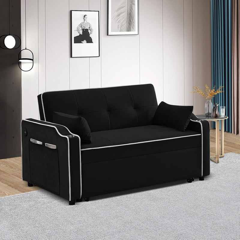 3-In-1 Multi-Functional Velvet Sleeper Couch Pull-Out Bed, Loveseat Sofa Chaise Lounge with USB Port, Cupholder, Side Pocket, Adjustable Backrest and Pillows, Sofa Bed for Living Room