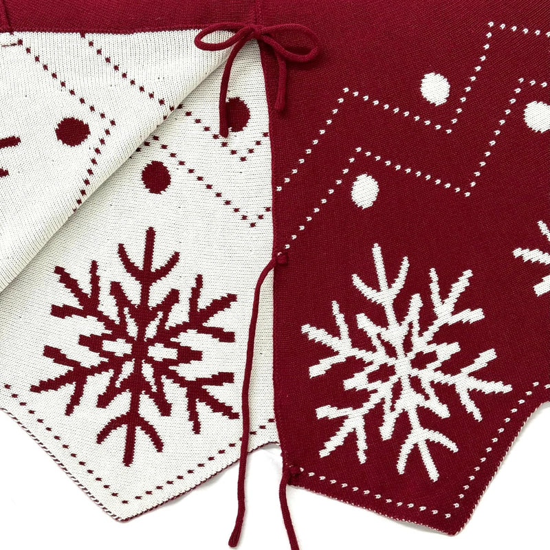 60-Inch Wavy Edged Reversible Knit Christmas Tree Skirt: Burgundy & White Snowflake Pattern with Lace Ties