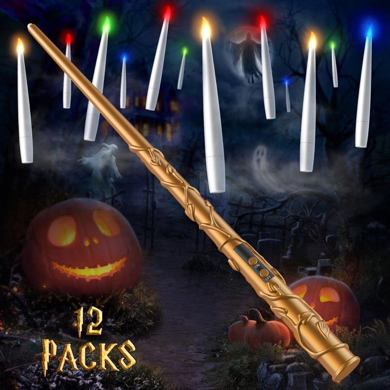 Floating Candles with Wand 10Pcs - Halloween Decorations Magic Hanging Candles Flickering Warm Light LED Flameless Candles with Remote, Christmas Lights for Window Home Bedroom Birthday Party Decor