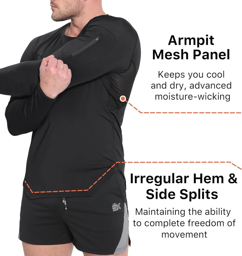 BROKIG Men'S Armzip Long Sleeve Running Shirts Quick Dry Sun Protection UV UPF 50+ Jogging T Shirts Zip Pocket Gym Workout