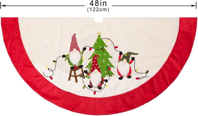 Burlap Christmas Tree Skirt, 48 Inch Soft Red Edge Tree Mat with Gnomes & String Lights Xmas Tree Skirt Christmas Holiday Decorations for Home Party Indoor