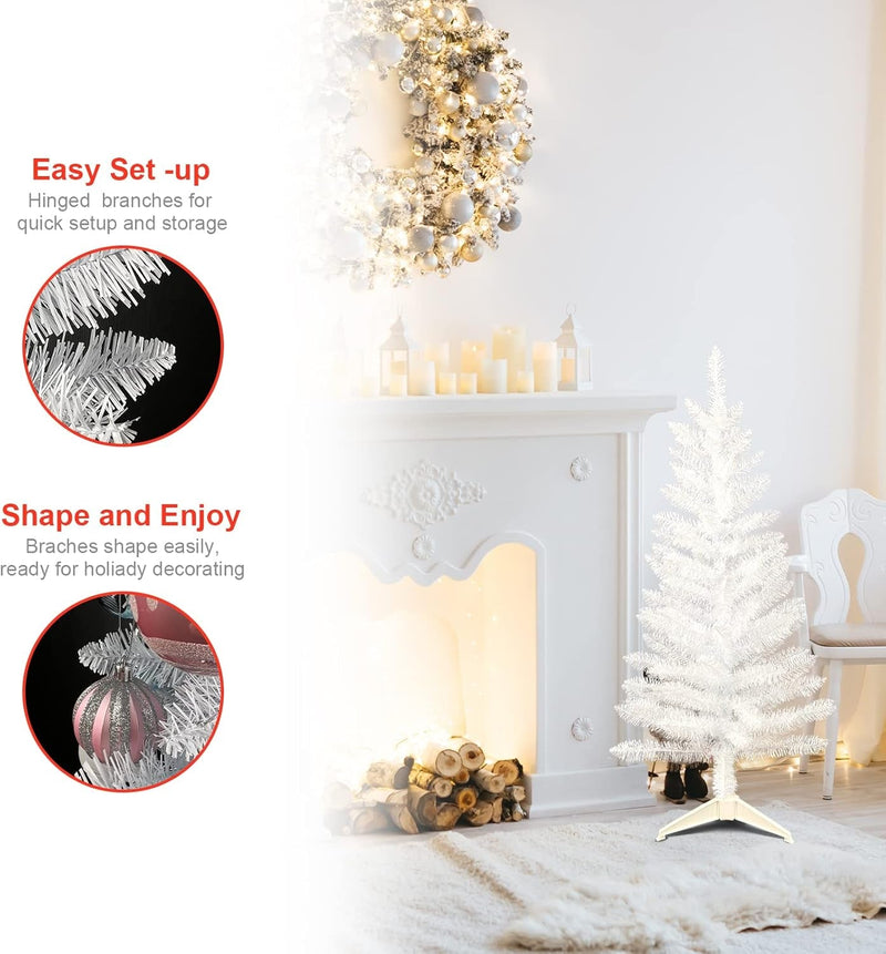 3FT Pre-Lit Artificial Mini Christmas Tree, Premium Small Fake Christmas Tree with String Lights for Home Office Holiday Party Decoration with Foldable Stand, Easy Assembly, White Tinsel