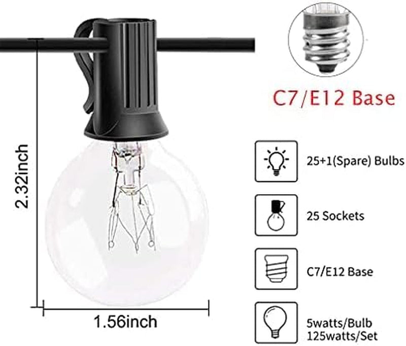 G40 Outdoor Globe String Lights, 25Ft Hanging Patio Lights with 27 Incandescent Bulbs (2 Spare), Connectable Backyard Lights UL Listed for Indoor Outdoor Bistro Wedding Decor, E12 Base, 5W-Black Wire