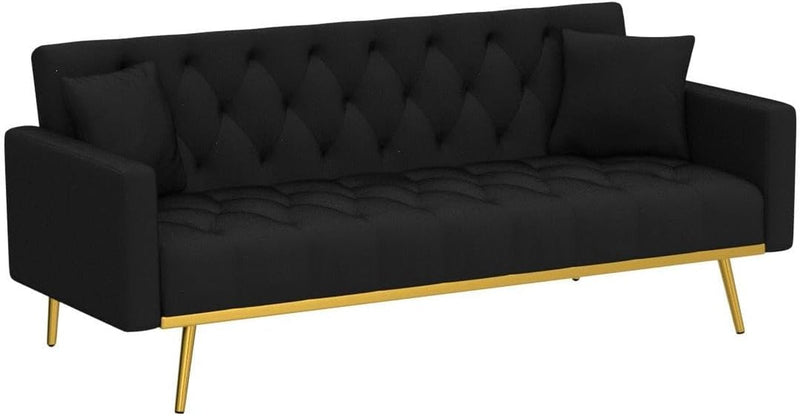 Convertible Velvet Futon Sofa Bed, 73-Inch Sleeper Couch with 3 Reclining Angles, Living Room Loveseat Sofa with Golden Tapered Metal Legs, Black