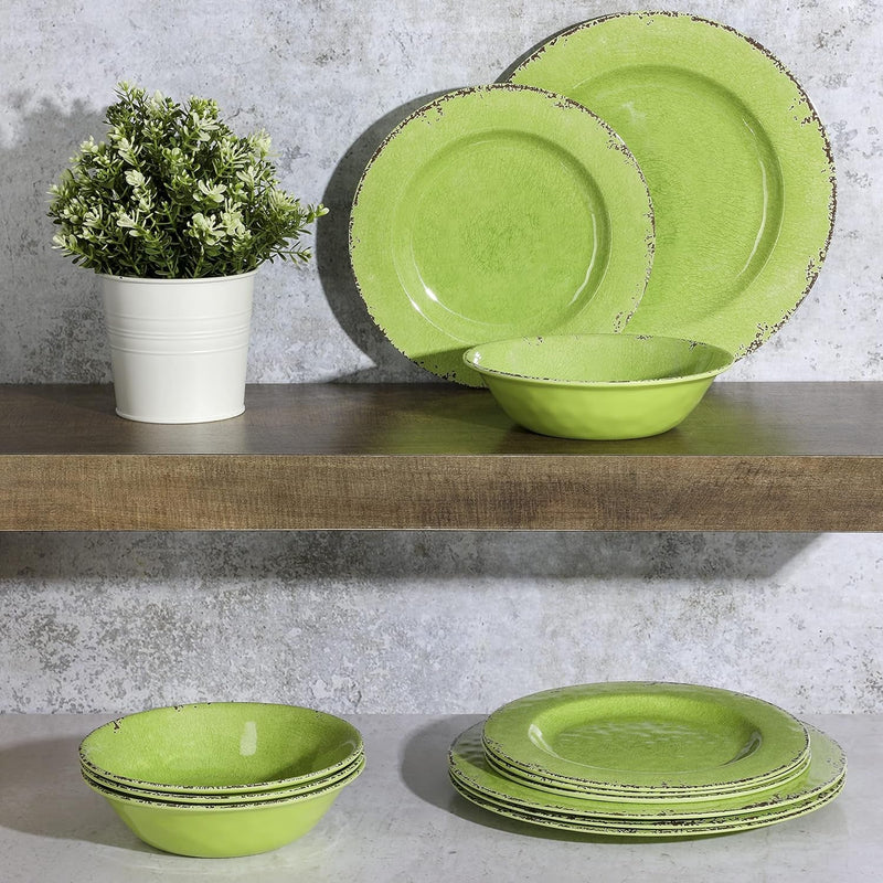 Gibson Home Mauna 12 Piece Green Melamine Dinnerware Set,Lime Green