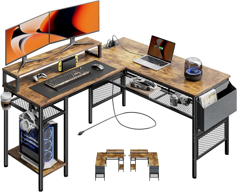 Ergear L Shaped Computer Desk with USB Charging Port and Power Outlet, 55 Inch Corner Desk with Storage Shelves, 2 Person Long Gaming Table Modern Home Office Desk