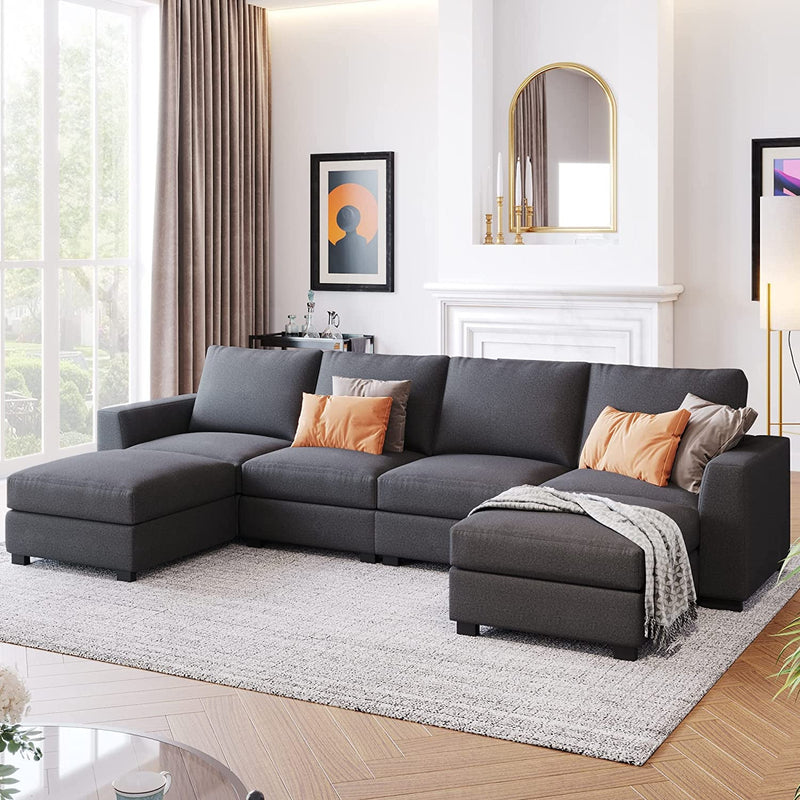 Convertible Sectional Couch, 5 Seater L-Shaped Sofa with Movable Ottoman and Solid Wood Legs, Modular Sofa&Couch for Small Apartments, Living Room and Office, Beige 99.6" 95.4"