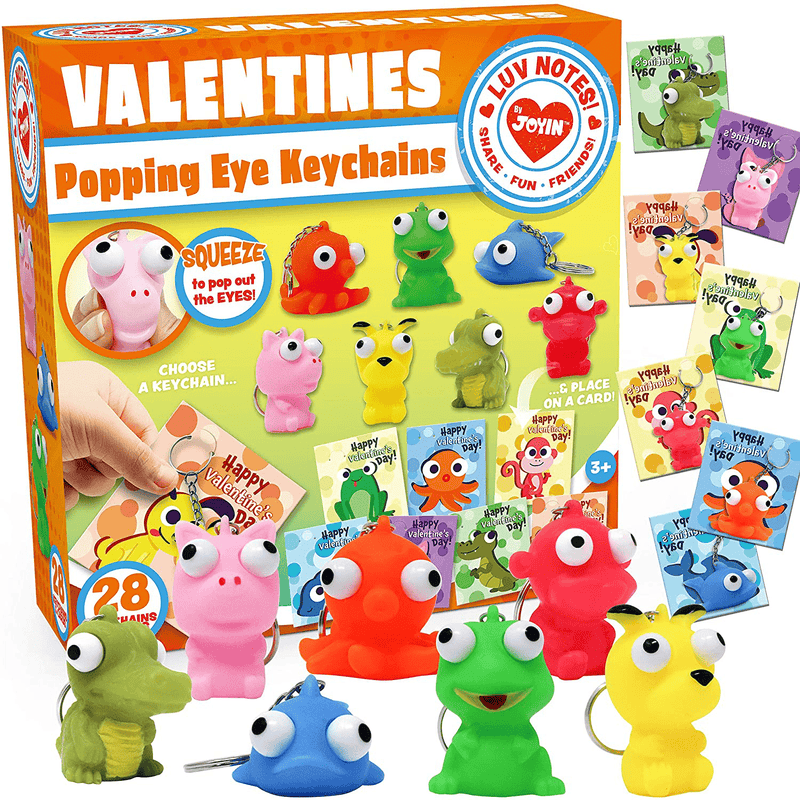 28 Packs Valentine'S Day Gift Card with Popping Eyes Animal Keychains for Kids Party Favor, Classroom Exchange Prizes, Valentine’S Greeting Cards Including Popping Eye Animal Keychains