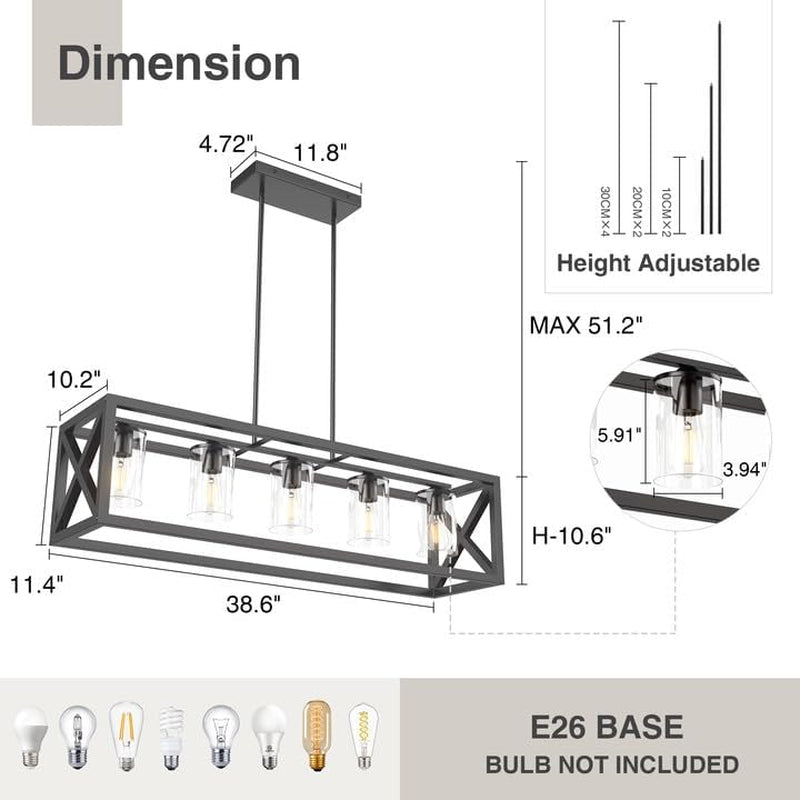 Espird Farmhouse Chandelier Rectangle Black, 5 Light Kitchen Island Cage Linear Pendant Lights Industrial Ceiling Light with Glass Shade & Adjustable Rods, Dining Room Lighting Fixtures over Table