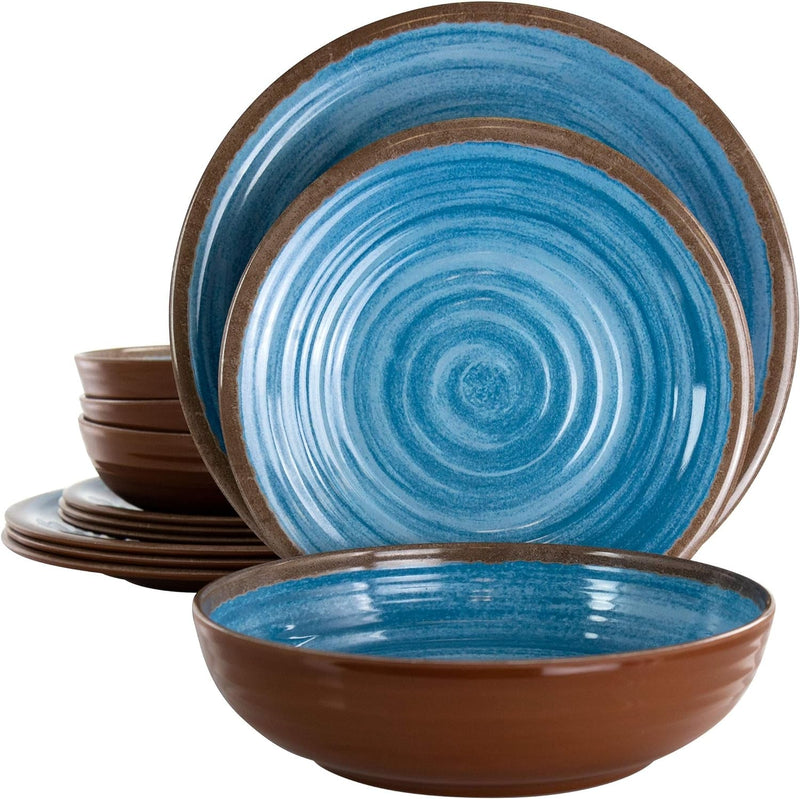 Elama Lightweight Dinnerware Set, 12 Piece, Blue and Brown