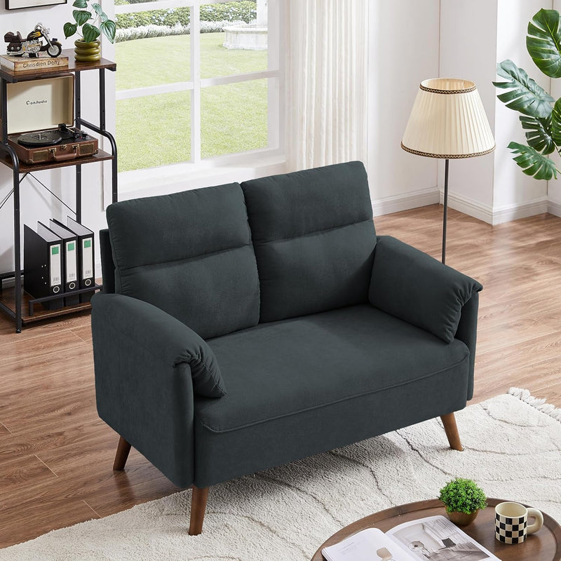 50" Small Modern Loveseat Sofa, Mid Century Fabric Love Seat with Back Cushions and Wood Legs, Upholstered 2-Seater Couch for Lving Room, Bedroom and Small Space, Dark Grey