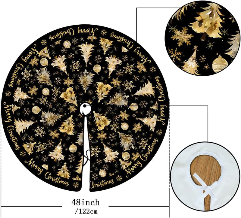 CROWNED BEAUTY Merry Christmas Tree Skirt Collar 48 Inch Xmas Trees Snowflakes Soft Farmhouse Holiday Decoration (Gold & Black) TS26