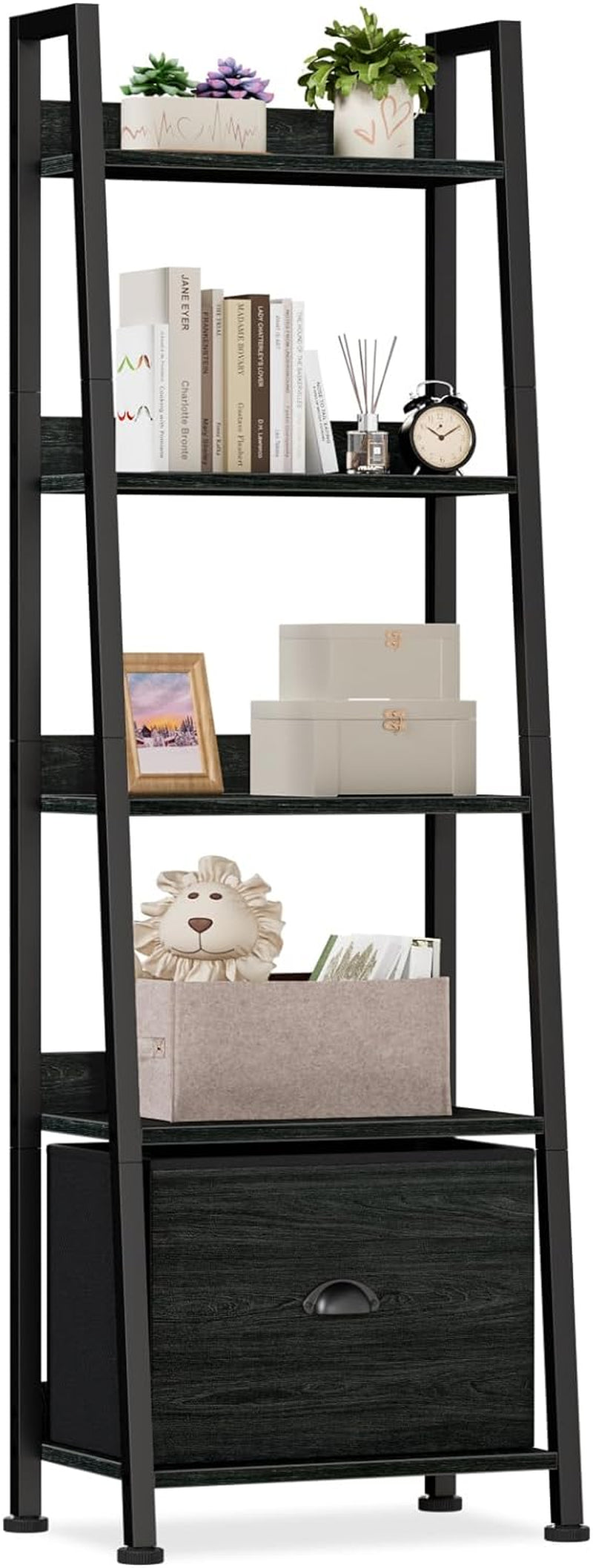 Furologee 5-Tier Ladder Shelf, Ladder Bookshelf with Removable Drawer, Rustic Bookcase Storage Rack Organizer, Wood Metal Freestanding Storage Shelf for Living Room, Home Office, Bedroom, Balcony