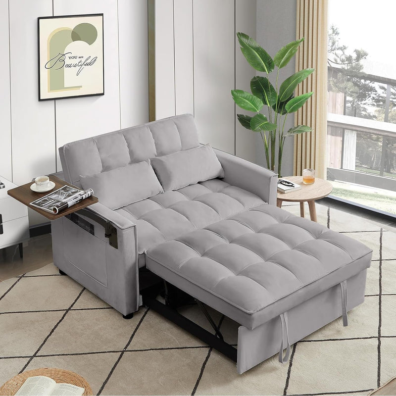 3 in 1 Convertible Sofa Bed W/360° Rotating Side Table, 47" Modern Velvet Loveseat Sofa, Small Sleeper Pullout Bed W/Adjustable Backrest for Living Room Apartment, Office, Small Space, Grey