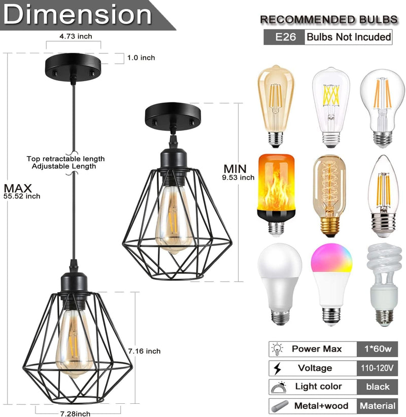 1 Packblack Pendant Light，Industrial Farmhouse Pendant Light Vintage Hanging Ceiling Lamp Fixtures，E26 Edison Pendant Lighting ，Cage Single Head Pendant Light, Suitable For, Kitchen, Dining Room