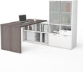 Bestar I3 plus L-Shaped Desk with Frosted Glass Door Hutch, 72W, Bark Grey