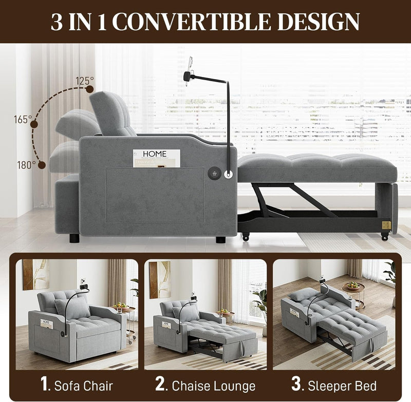 3 in 1 Single Sleeper Sofa Chair with Pullout Bed, Convertible Pull Out Couch with Adjustable Backrest, Modern Chaise Lounge with USB Port for RV, Living Room, Small Spaces, Grey Velvet
