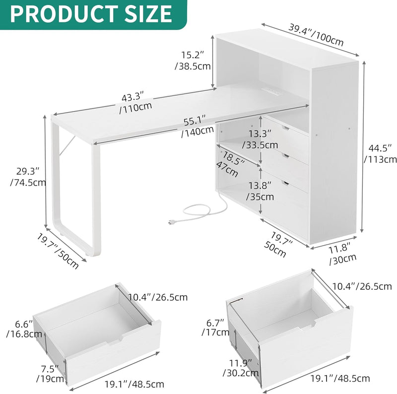 DWVO L Shaped Desk with Drawers, 55" Corner Computer Desk with Bookshelf & Power Outlets & LED Lights, Home Office Desk with Storage Shelves, White