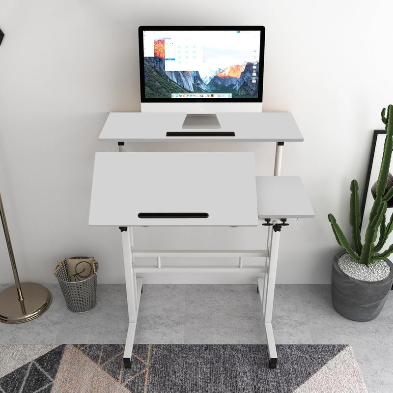 Dlandhome Adjustable Rolling Desk Standing Desk, Sit-Stand Desk Cart Mobile Computer Desk Stand up Desk Office Desk Riser Standing Table Workstation Mobile Desk, White