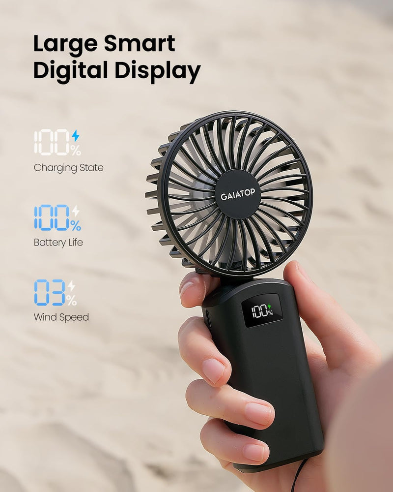 Gaiatop Portable Handheld Fan, 180° Foldable Desk Fan 3 Speed Personal Mini Hand Fan, 2000Mah Powerful Rechargeable Small Fan with Digital Display, USB Personal Fan for Office Outdoor Makeup-Black