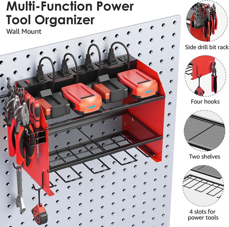 CCCEI Modular Power Tool Organizer Wall Mount with Charging Station. Garage 4 Drill Storage Shelf with Hooks, Screwdriver, Drill Bit Heavy Duty Rack, Tool Battery Holder Built in 8 Outlet Power Strip.