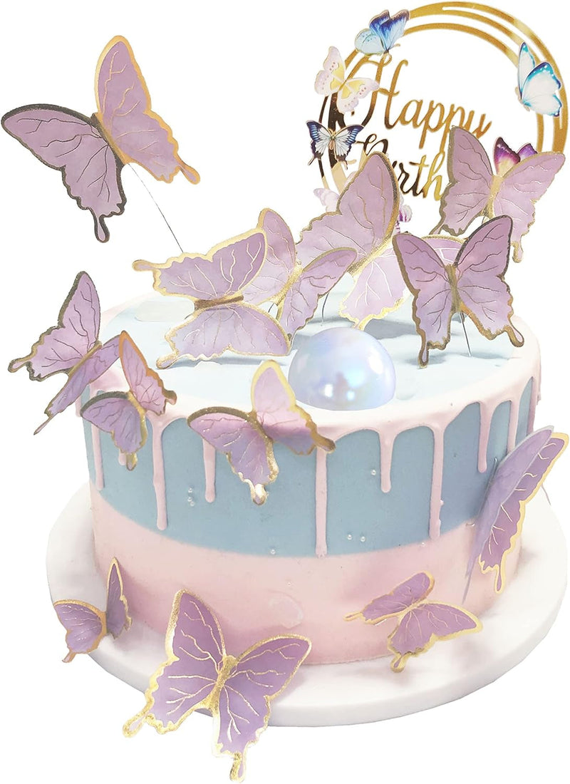 Butterfly Cake Toppers Decorations - 1 Big Happy Birthday Cake Topper & 15Pcs 3D Pink Gold Cupcake Toppers - Party Supplies for Decorating Baby Shower Girl'S Birthday