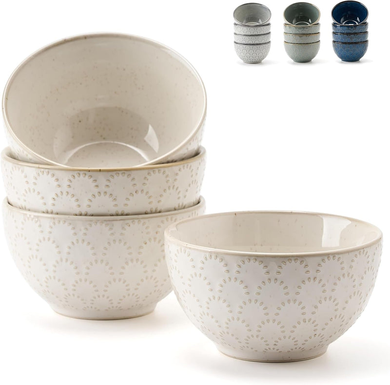 Ceramic Bowls Set of 4, 4.5" Embossment Design Porcelain Soup/Cereal/Rice Bowls for Kitchen, 11.8 Fl Oz Small Bowl Set for Entertaining, Dinner, Housewarming Gift Idea-Green