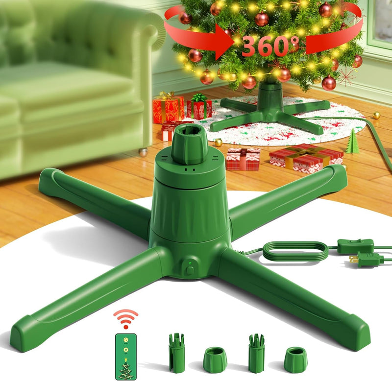 COOLWUFAN 360-Dgree Rotating Christmas Tree Stand for up to 9Ft & 120Lb Artificial Trees, 4 Built-In Power Outlets Base with Remote Control, Sturdy Revolving Holder for 7.5Ft Xmas Tree, Green