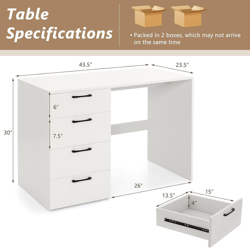 COSTWAY White Computer Desk with 4 Large Drawers, Home Office PC Desk Workstation for Writing, Modern Computer Table for Bedroom, Study, Living Room