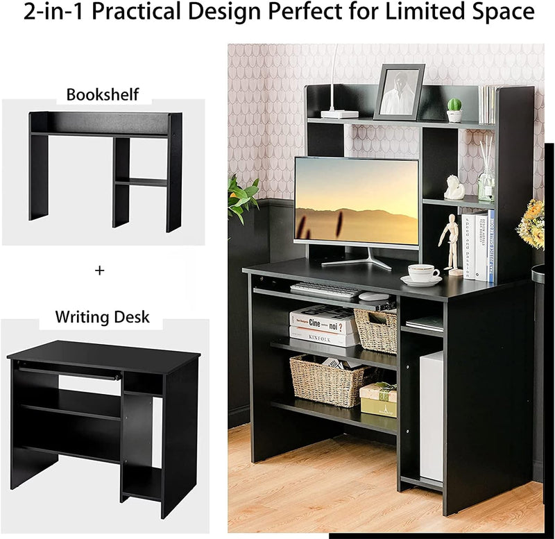 Bookshelf, Wood Study Writing Storage Shelves, Modern Home Office Laptop Table with Keyboard Tray, Space-Saving Design Computer Desk with Hutch, Black