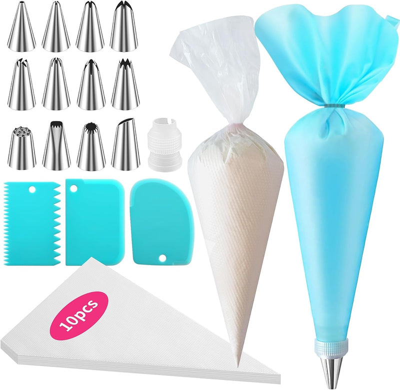 ALLTOP Piping Bags and Tips Set -Ultimate Cake Decorating Supplies Kit - Included 100 Disposable Pastry Bags, 1 Reusable Silicone Bag, 2 Couplers, 12 Frosting Tips, 2 Ties, 3 Icing Scrapers for Baking