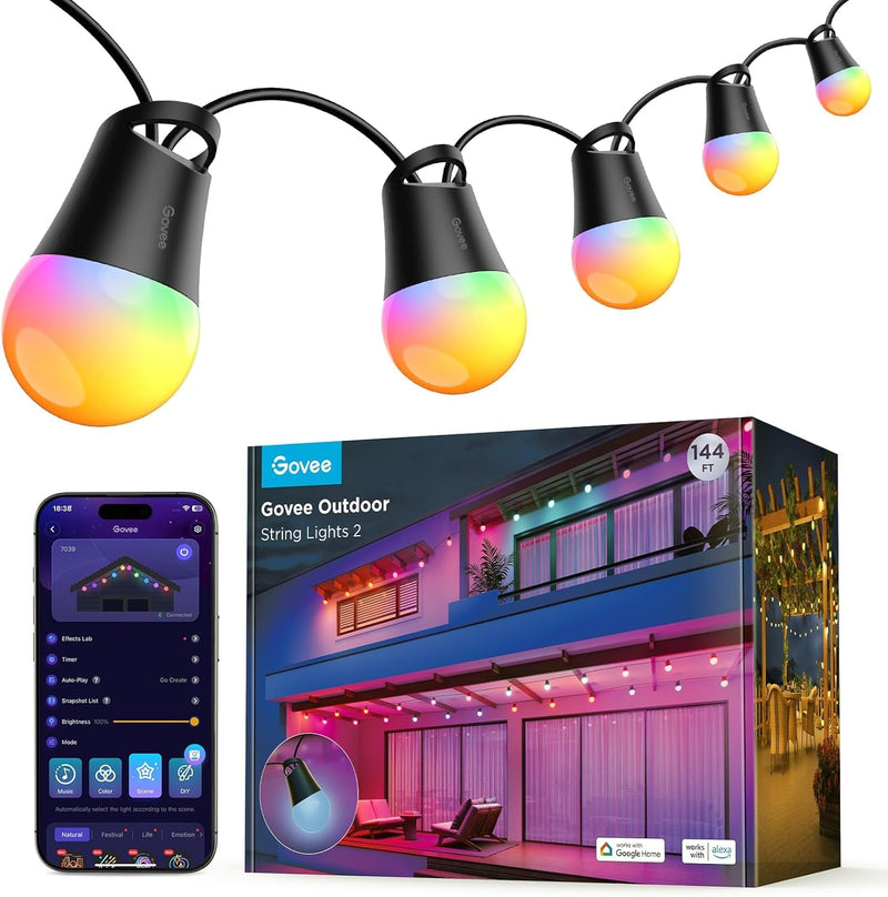 Govee Smart Outdoor String Lights 2, 144Ft RGBIC Outdoor Lights with Dimmable Warm White LED Bulbs, 47 Scene Modes for Patio, Backyard, Balcony, IP65 Waterproof, Works with Alexa, Google Assistant